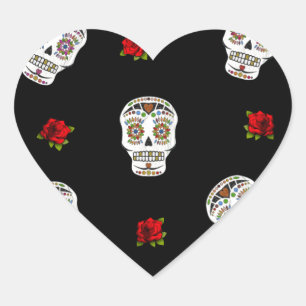 Sticker Cœur RAB Rockabilly Sugar Skulls Roses sur fond noir