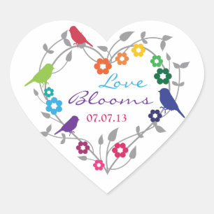 Sticker Cœur Rainbow Theme Oiseaux Fleurs Mariage Enveloppe Sce
