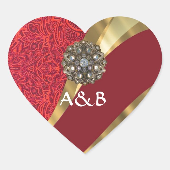 Sticker Cœur Red damask & gold swirl (Devant)