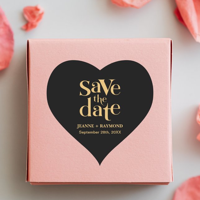 Sticker Cœur Romantique Faire-Part de Mariage sur Mesure en Or  (Romantic black and gold sticker adds personalized charm to heartfelt wedding announcements.)