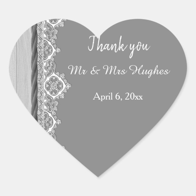 Sticker Cœur Romantique gris blanc dentelle gris mariage merci (Devant)