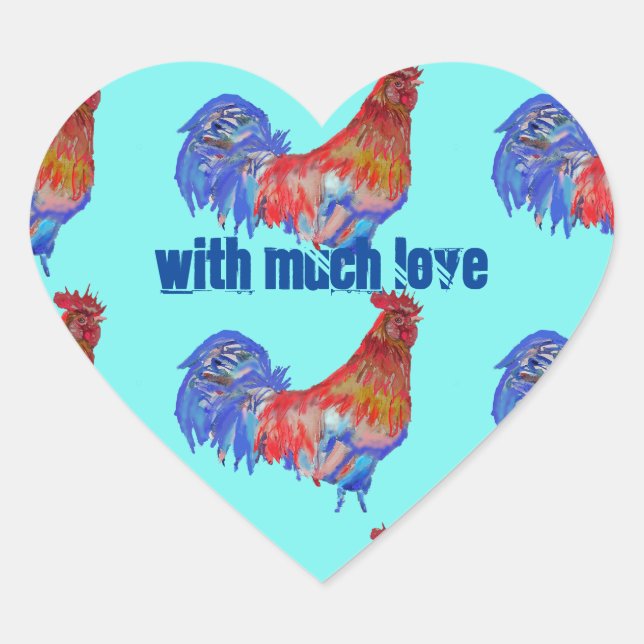 Sticker Cœur Rooster Poulet Rouge bleu aquarelle art Garçons (Devant)