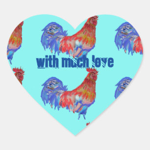 Sticker Cœur Rooster Poulet Rouge bleu aquarelle art Garçons