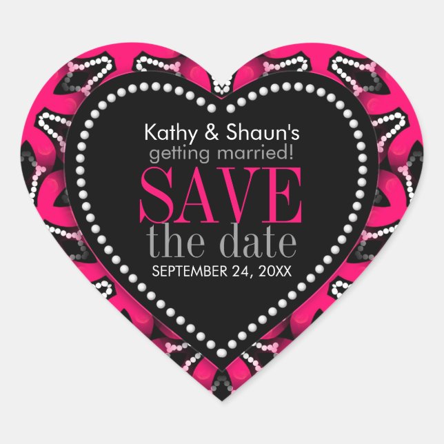 Sticker Cœur Rose Chaude sur Moderne Noir Enregistrer la Date d (Devant)