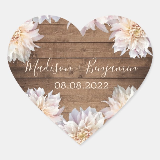 Sticker Cœur Rose Dahlia Fleur Rustique Bois Mariage Date Coeur (Devant)