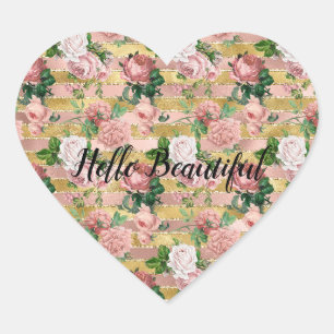 Sticker Cœur Rose Gold Glam Glitz Roses Flore rayures