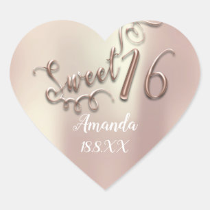 Sticker Cœur Rose Gold Sweet 16th Script Nom du coeur Date