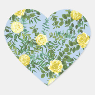 Sticker Cœur Rose jaune et bleu clair Vintage Mariage de printe