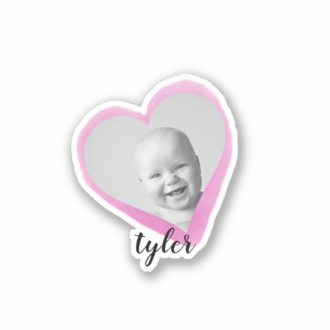 Sticker Coeur rose Nom photo personnalisé Aquarelle (Devant)