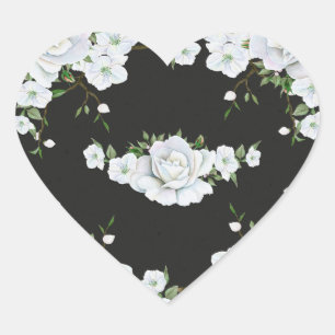 Sticker Cœur Roses blanches Faveur élégante florale et gris cha