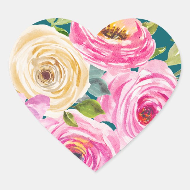 Sticker Cœur Roses d'aquarelle en rose et crème en Turquoise (Devant)