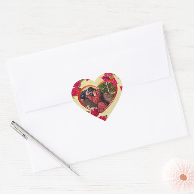 Sticker Cœur Roses et cadre cardiaque Ajouter votre photo (Enveloppe)