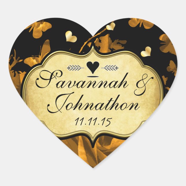 Sticker Cœur Roses Gold Heart & Papillons Mariage (Devant)