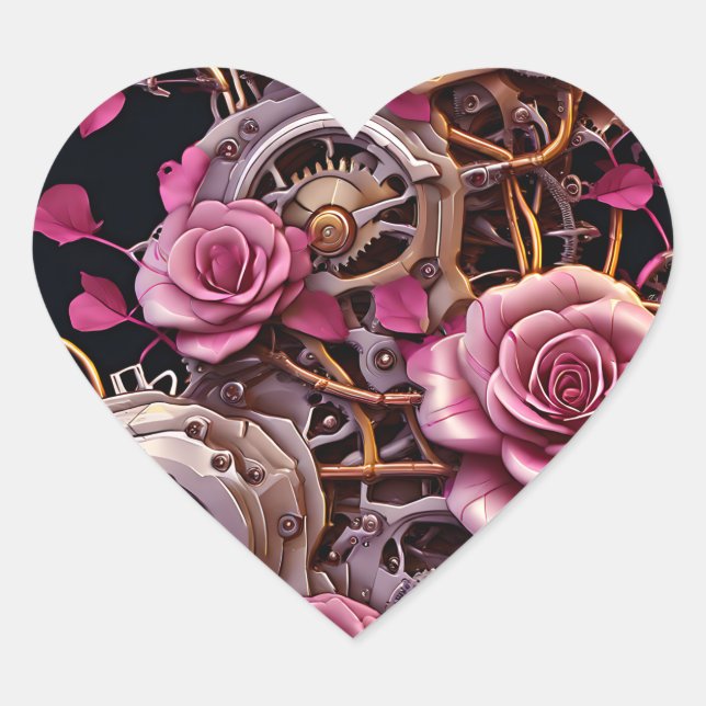 Sticker Cœur Roses roses et engrenages métalliques Steampunk (Devant)