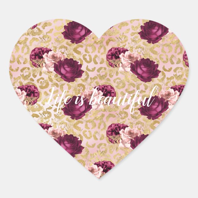 Sticker Cœur Roses roses roses d'or Empreinte de léopard Floral (Devant)