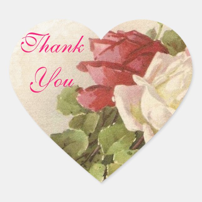 Sticker Cœur Roses rouges et blanches Merci Feuille vert Sceau (Devant)