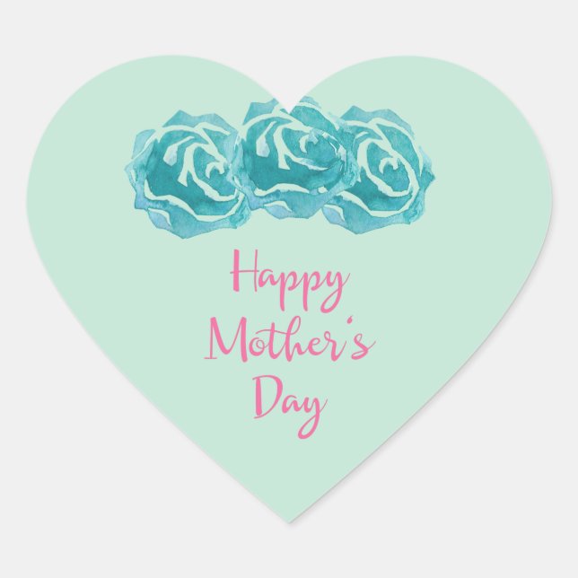 Sticker Cœur Roses turquoises de l'aquarelle Joyeuse fête des m (Devant)