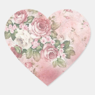 Sticker Cœur Roses vintages rose et blanc victorienne Élégante