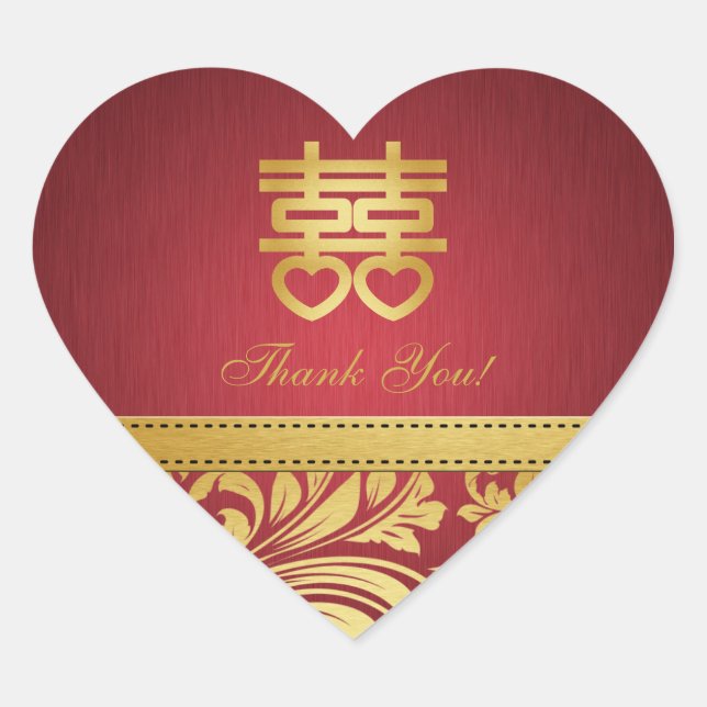 Sticker Cœur Rouge & Or Damask, Chinois Double Coeur Bonheur (Devant)