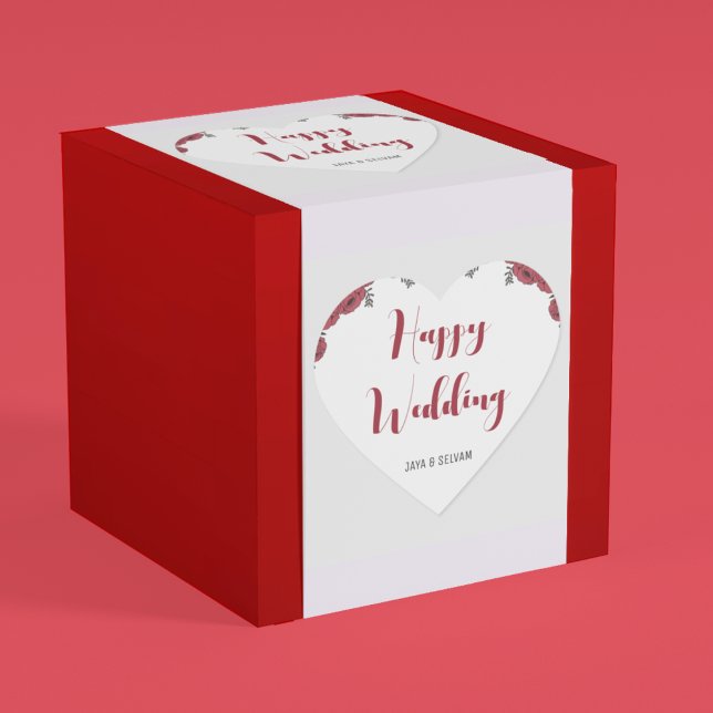 Sticker Cœur Rouge Rose Floral thème Mariage (Stick this lovely floral theme wedding sticker on your return gift or presents)
