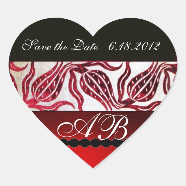 Sticker Cœur ROUGE VELVET DAMASK TULIPS MONOGRAMME Bourgogne Bl (Devant)