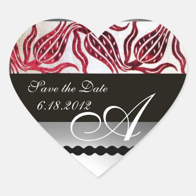 Sticker Cœur ROUGE VELVET DAMASK TULIPS MONOGRAMME Bourgogne Bl (Devant)
