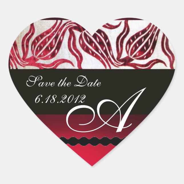 Sticker Cœur ROUGE VELVET DAMASK TULIPS MONOGRAMME Bourgogne Bl (Devant)
