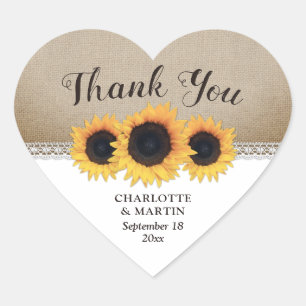 Sticker Cœur Rustic Burlap Lace Sunflower Wedding Thank You