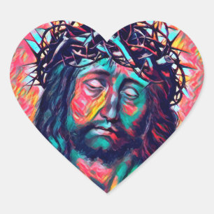 Sticker Cœur Sad Jesus Christ Face Thorn Crown Abstract art