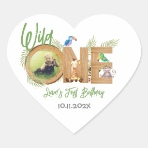 Sticker Cœur Safari Wild One First Birthday Photo Animaux Bois