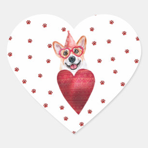 Sticker Cœur Saint-Valentin Chien Corgi Pattes Rouges Roses