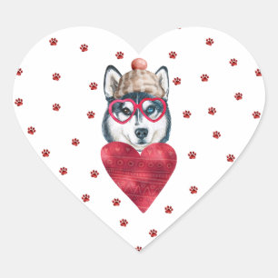 Sticker Cœur Saint-Valentin Chien Husky Sibérien Pattes Rouges