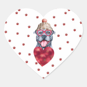 Sticker Cœur Saint-Valentin Chien Pitbull Gris Pattes Rouges Ro
