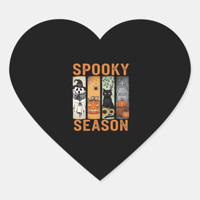 Sticker Cœur Saison éffrayante - Fantôme mignon, Chat noir, Cit (Devant)