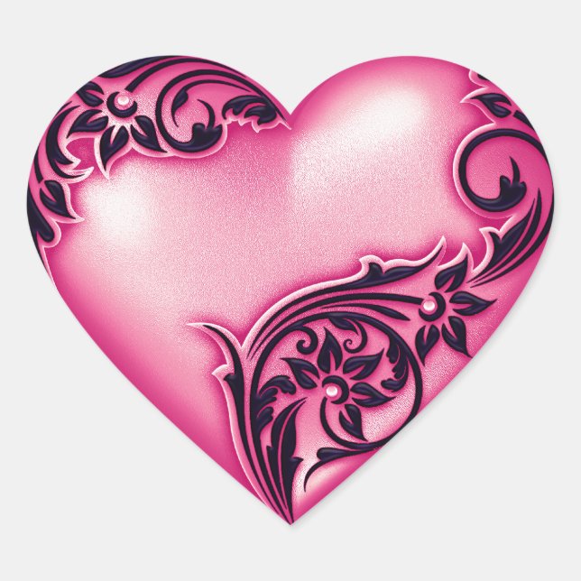 Sticker Cœur Scroll de coeur Lumière Magenta w Noir (Devant)