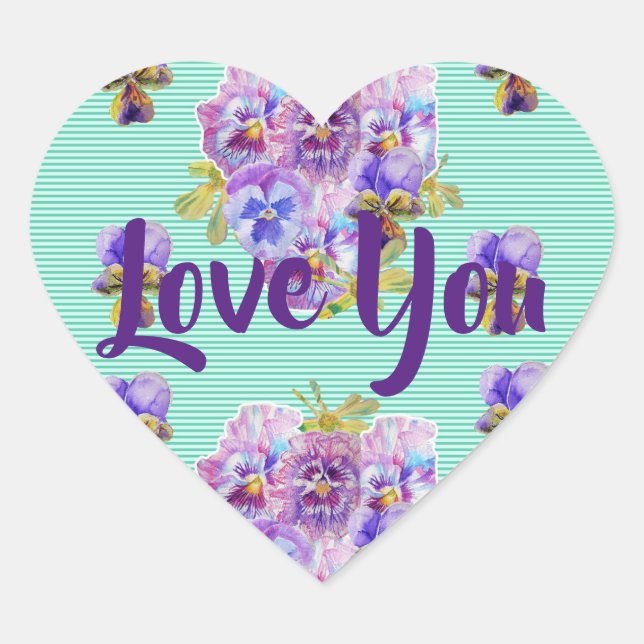 Sticker Cœur Shabby Aqua Turquoise Fleurs rayures florales Amou (Devant)