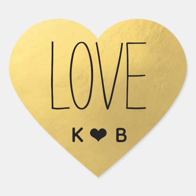 Sticker Cœur Simple AMOUR Faux Gold Foil Mariage Initiales Coeu (Devant)