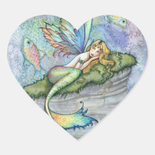 Sticker Cœur Sirène colorée et poisson carpe, art fantastique