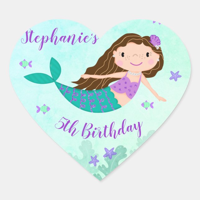 Sticker Cœur Sirène pourpre sous la mer Anniversaire personnali (Devant)