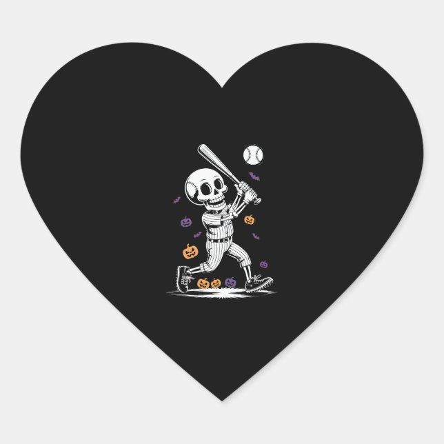 Sticker Cœur Skeleton de baseball d'Halloween touché (Devant)