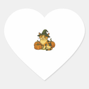 Sticker Cœur Sorcière Chat Calico avec Citrouilles Halloween De