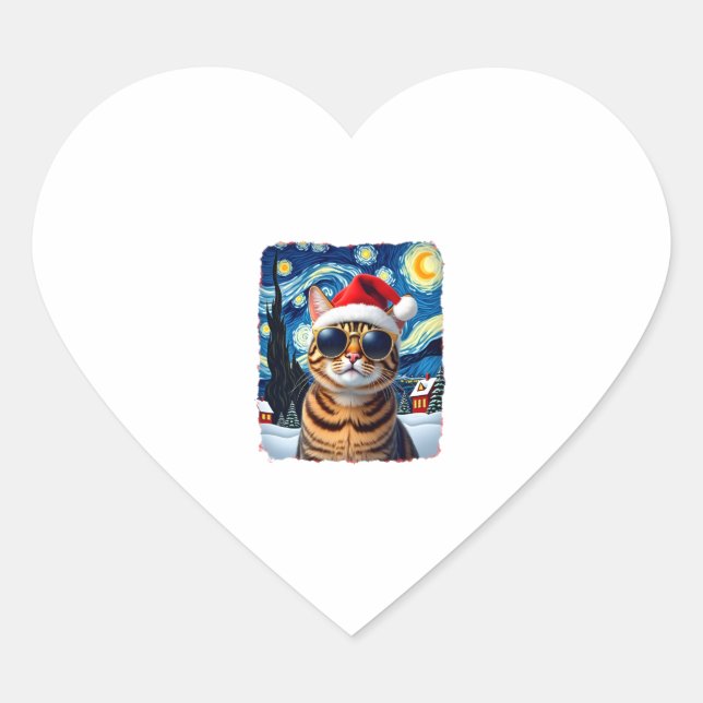 Sticker Cœur Starry Night Orange Tabby Cat Christmas (Devant)