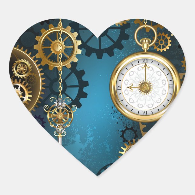 Sticker Cœur Steampunk Arrière - plan turquoise avec Gears (Devant)