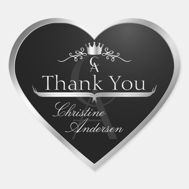 Sticker Cœur Stylish Black Silver Frame and Monogram Thank You (Devant)