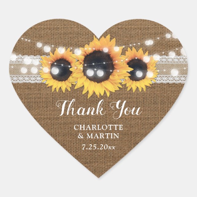 Sticker Cœur Sunflower String Lights Burlap Lace Mariage (Devant)