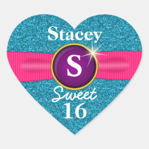 Sticker Cœur Sweet 16 Faux Ribbon Bijou Turquoise Parties scint