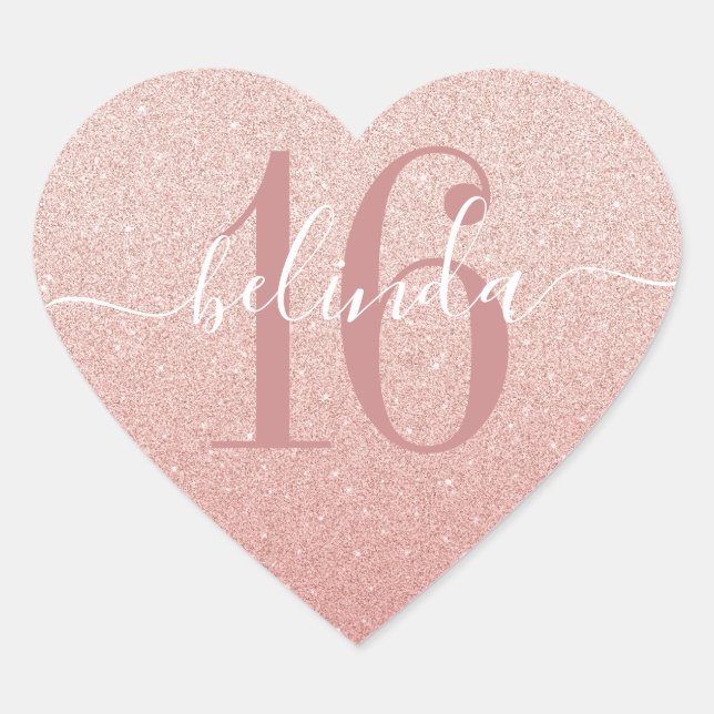 Sticker Cœur Sweet 16 Girly Rose Gold Blush rose Monogramme Nom (Devant)