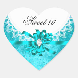 Sticker Cœur Sweet sixteen Turquoise bleu doux 16 dentelle blan