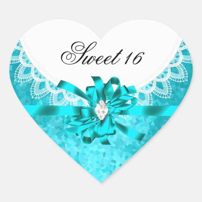 Sticker Cœur Sweet sixteen Turquoise bleu doux 16 dentelle blan (Devant)