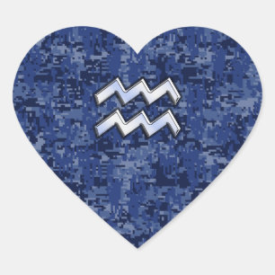 Sticker Cœur Symbole Zodiaque Aquarius sur camo numérique bleu 